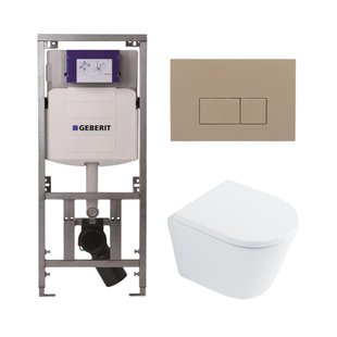 QeramiQ Dely Toiletset - 36.3x51.7cm - diepspoel - rimless - Geberit UP320 inbouwreservoir - met Burda frame - softclose toilet zitting 35 mm - bedieningsplaat taupe - rechthoekige knoppen - wit glans SW1026255 / SW1159505/0701131/SW1102379
