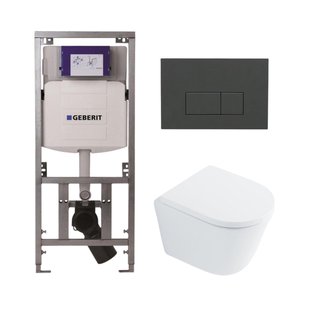 QeramiQ Dely Toiletset - 36.3x51.7cm - diepspoel - rimless - Geberit UP320 inbouwreservoir - met Burda frame - softclose toilet zitting 35 mm - bedieningsplaat antraciet mat - rechthoekige knoppen - wit glans SW1026255 / SW1159505 /0701131/SW1102377
