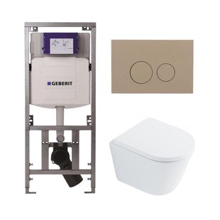 QeramiQ Dely Toiletset - 36.3x51.7cm - diepspoel - rimless - Geberit UP320 inbouwreservoir - met Burda frame - softclose toilet zitting 35 mm - bedieningsplaat taupe - ronde knoppen - wit glans SW1026255 / SW1159505/0701131/SW1102378