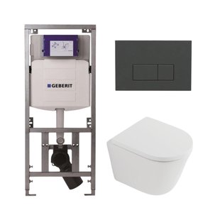 QeramiQ Dely Toiletset - 36.3x51.7cm - diepspoel - rimless - Geberit UP320 inbouwreservoir - softclose toilet zitting 35 mm - bedieningsplaat antraciet mat - rechthoekige knoppen - mat wit SW1026254/SW1000767/0701131/SW1102377