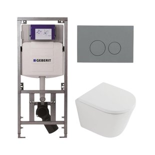 QeramiQ Dely Toiletset - 36.3x51.7cm - diepspoel - rimless - Geberit UP320 inbouwreservoir - softclose toilet zitting 35 mm - bedieningsplaat licht grijs - ronde knoppen - mat wit SW1026254/SW1000767/0701131/SW1102374