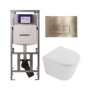 QeramiQ Dely Toiletset - 36.3x51.7cm - diepspoel - rimless - Geberit UP320 inbouwreservoir - softclose toilet zitting 35 mm - geborsteld messing bedieningsplaat - rechthoekige knoppen - mat wit SW1026254/SW1000767/0701131/SW706201
