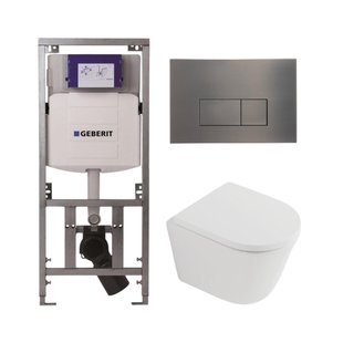 QeramiQ Dely Toiletset - 36.3x51.7cm - diepspoel - rimless - Geberit UP320 inbouwreservoir - softclose toilet zitting 35 mm - gunmetal bedieningsplaat - rechthoekige knoppen - mat wit SW1026254/SW1000767/0701131/SW706199