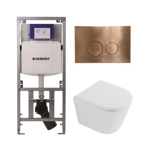 QeramiQ Dely Toiletset - 36.3x51.7cm - diepspoel - rimless - Geberit UP320 inbouwreservoir - softclose toilet zitting 35 mm - koperen bedieningsplaat - ronde knoppen - mat wit SW1026254/SW1000767/0701131/SW706196