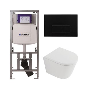 QeramiQ Dely Toiletset - 36.3x51.7cm - diepspoel - rimless - Geberit UP320 inbouwreservoir - softclose toilet zitting 35 mm - kunstof mat zwarte bedieningsplaat - rechthoekige knoppen - mat wit SW1026254/SW1000767/0701131/SW706189