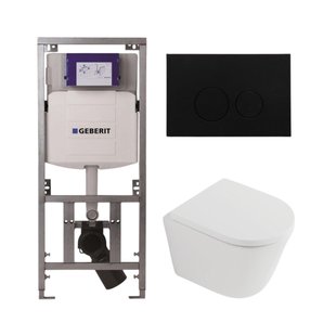 QeramiQ Dely Toiletset - 36.3x51.7cm - diepspoel - rimless - Geberit UP320 inbouwreservoir - softclose toilet zitting 35 mm - kunststof mat zwarte bedieningsplaat - ronde knoppen - mat wit SW1026254/SW1000767/0701131/SW706188