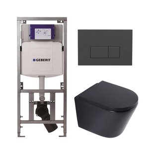 QeramiQ Dely Toiletset - 36.3x51.7cm - diepspoel - rimless - Geberit UP320 inbouwreservoir - softclose toilet zitting 35 mm - bedieningsplaat antraciet mat - rechthoekige knoppen - mat zwart SW1026253/SW1000769/0701131/SW1102377
