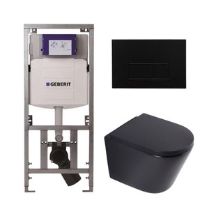 QeramiQ Dely Toiletset - 36.3x51.7cm - diepspoel - rimless - Geberit UP320 inbouwreservoir - softclose toilet zitting 35 mm - kunstof mat zwarte bedieningsplaat - rechthoekige knoppen - mat zwart SW1026253/SW1000769/0701131/SW706189