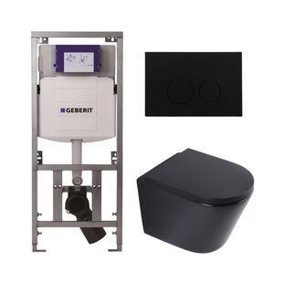 QeramiQ Dely Toiletset - 36.3x51.7cm - diepspoel - rimless - Geberit UP320 inbouwreservoir - softclose toilet zitting 35 mm - kunststof mat zwarte bedieningsplaat - ronde knoppen - mat zwart SW1026253/SW1000769/0701131/SW706188