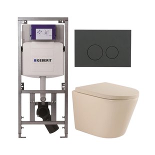 QeramiQ Dely Toiletset - 36.3x51.7cm - diepspoel - rimless - Geberit UP320 inbouwreservoir - softclose toilet zitting 35 mm - bedieningsplaat mat antraciet - ronde knoppen - mat beige SW1000764/SW1000771/0701131/SW1102376
