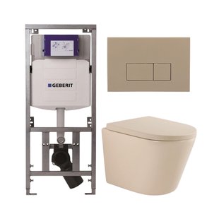 QeramiQ Dely Toiletset - 36.3x51.7cm - diepspoel - rimless - Geberit UP320 inbouwreservoir - softclose toilet zitting 35 mm - bedieningsplaat taupe - rechthoekige knoppen - mat beige SW1000764/SW1000771/0701131/SW1102379