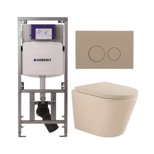 QeramiQ Dely Toiletset - 36.3x51.7cm - diepspoel - rimless - Geberit UP320 inbouwreservoir - softclose toilet zitting 35 mm - bedieningsplaat taupe - ronde knoppen - mat beige SW1000764/SW1000771/0701131/SW1102378