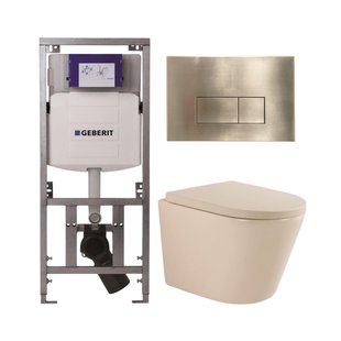 QeramiQ Dely Toiletset - 36.3x51.7cm - diepspoel - rimless - Geberit UP320 inbouwreservoir - softclose toilet zitting 35 mm - geborsteld messing bedieningsplaat - rechthoekige knoppen - mat beige SW1000764/SW1000771/0701131/SW706201
