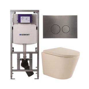QeramiQ Dely Toiletset - 36.3x51.7cm - diepspoel - rimless - Geberit UP320 inbouwreservoir - softclose toilet zitting 35 mm - gunmetal bedieningsplaat - ronde knoppen - mat beige SW1000764/SW1000771/0701131/SW706198