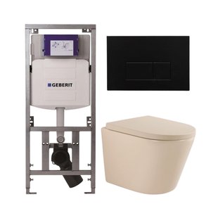 QeramiQ Dely Toiletset - 36.3x51.7cm - diepspoel - rimless - Geberit UP320 inbouwreservoir - softclose toilet zitting 35 mm - kunstof mat zwarte bedieningsplaat - rechthoekige knoppen - mat beige SW1000764/SW1000771/0701131/SW706189