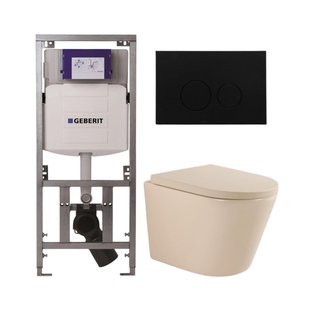 QeramiQ Dely Toiletset - 36.3x51.7cm - diepspoel - rimless - Geberit UP320 inbouwreservoir - softclose toilet zitting 35 mm - kunststof mat zwarte bedieningsplaat - ronde knoppen - mat beige SW1000764/SW1000771/0701131/SW706188