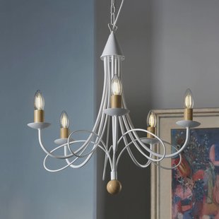 ONLI Kroonluchter Milvia, 5-lamps, wit/houtkleur, metaal