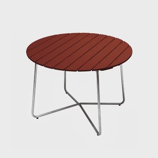 Grythyttan Stålmöbler 9A eettafel Donkerrood gelakt eiken – thermisch verzinkt onderstel Ø100 cm