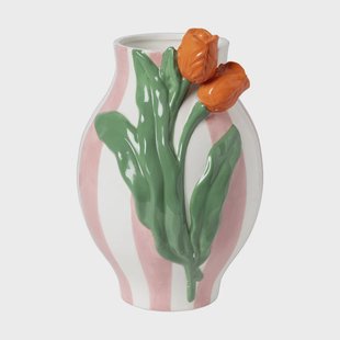 Vaas gestreept met tulp - roze/groen/oranje - ø16.6x24 cm