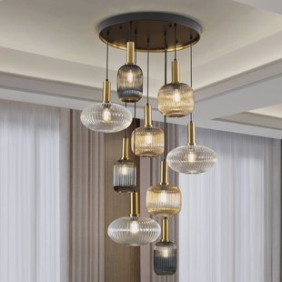 Schuller Valencia Hanglamp Norma, Ø 80 cm, 9-lamps, zwart/messing, glas