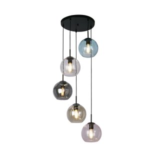 Searchlight Mardi Gras II - hanglamp - Ø 51 x 120 cm - mat zwart en gekleurd glas