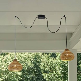Lucande buiten hanglamp Taniola, 2-lamps, beige, rotan, IP44