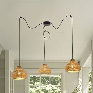 Lucande buiten hanglamp Taniola, 3-lamps, beige, rotan, IP44