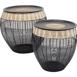 Kare Design African Drums Bijzettafel - Set Van 2 - Zwart Metaal|Rotan