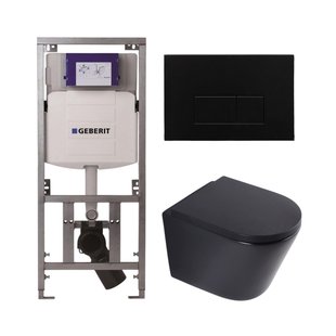 QeramiQ Dely Toiletset - 36.3x51.7cm - diepspoel - rimless - Geberit UP320 inbouwreservoir - softclose toilet zitting 35 mm - metaal mat zwarte bedieningsplaat - rechthoekige knoppen - mat zwart SW1026253/SW1000769/0701131/SW706193