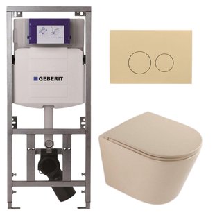 QeramiQ Dely Toiletset - 36.3x51.7cm - diepspoel - rimless - Geberit UP320 inbouwreservoir - softclose toilet zitting - bedieningsplaat beige - ronde knoppen - mat beige SW1000764/SW1000770/0701131/SW1102365