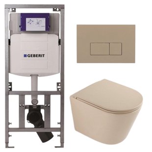 QeramiQ Dely Toiletset - 36.3x51.7cm - diepspoel - rimless - Geberit UP320 inbouwreservoir - softclose toilet zitting - bedieningsplaat taupe - rechthoekige knoppen - mat beige SW1000764/SW1000770/0701131/SW1102379
