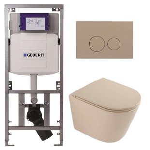 QeramiQ Dely Toiletset - 36.3x51.7cm - diepspoel - rimless - Geberit UP320 inbouwreservoir - softclose toilet zitting - bedieningsplaat taupe - ronde knoppen - mat beige SW1000764/SW1000770/0701131/SW1102378