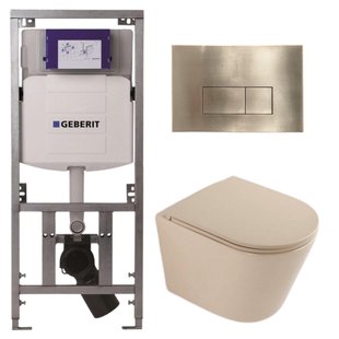 QeramiQ Dely Toiletset - 36.3x51.7cm - diepspoel - rimless - Geberit UP320 inbouwreservoir - softclose toilet zitting - geborsteld messing bedieningsplaat - rechthoekige knoppen - mat beige SW1000764/SW1000770/0701131/SW706201
