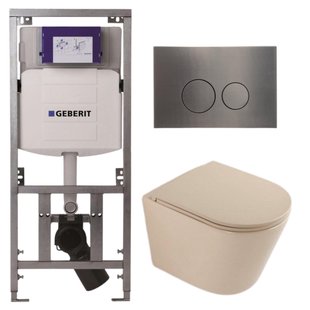 QeramiQ Dely Toiletset - 36.3x51.7cm - diepspoel - rimless - Geberit UP320 inbouwreservoir - softclose toilet zitting - gunmetal bedieningsplaat - ronde knoppen - mat beige SW1000764/SW1000770/0701131/SW706198