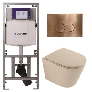 QeramiQ Dely Toiletset - 36.3x51.7cm - diepspoel - rimless - Geberit UP320 inbouwreservoir - softclose toilet zitting - koperen bedieningsplaat - ronde knoppen - mat beige SW1000764/SW1000770/0701131/SW706196