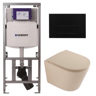 QeramiQ Dely Toiletset - 36.3x51.7cm - diepspoel - rimless - Geberit UP320 inbouwreservoir - softclose toilet zitting - kunstof mat zwarte bedieningsplaat - rechthoekige knoppen - mat beige SW1000764/SW1000770/0701131/SW706189