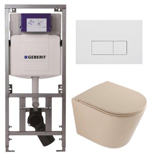 QeramiQ Dely Toiletset - 36.3x51.7cm - diepspoel - rimless - Geberit UP320 inbouwreservoir - softclose toilet zitting - mat witte bedieningsplaat - rechthoekige knoppen - mat beige SW1000764/SW1000770/0701131/SW706191