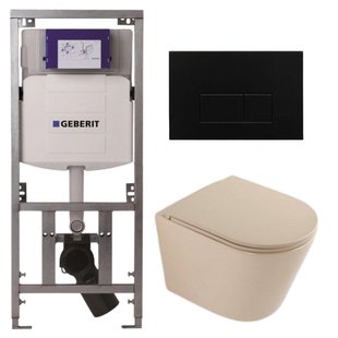 QeramiQ Dely Toiletset - 36.3x51.7cm - diepspoel - rimless - Geberit UP320 inbouwreservoir - softclose toilet zitting - metaal mat zwart bedieningsplaat - rechthoekige knoppen - mat beige SW1000764/SW1000770/0701131/SW706193