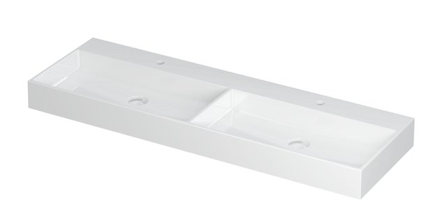 Wastafel United Porselein dubbel met 2 kraangaten incl. porseleinen click plug en verborgen overloop systeem 140 cm x 45 cm x 11 cm Glans wit 0206151