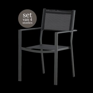 Narda aluminium tuinstoel zwart - met armleuningen - set van 4