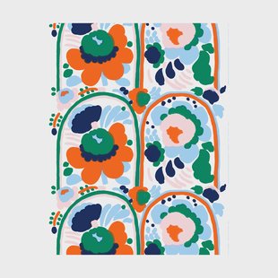 Marimekko Karuselli katoenen stof White-orange-blue-emerald
