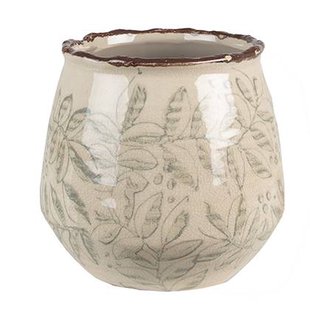 Clayre & Eef Bloempot Ø 14x13 cm Groen Beige Keramiek Bladeren Clayre & Eef Bloempot Ø 14x13 cm Groen Beige Keramiek Bladeren