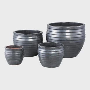 PTMD Triston Black Ceramic Glazed Pot Ribbed Low SV4 PTMD Triston Black Ceramic Glazed Pot Ribbed Low SV4