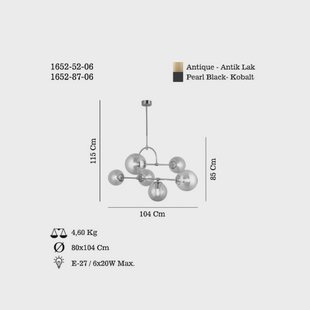 Lucea Hanglamp Portemo, rookgrijs/nikkel, 104x80 cm, 6-lamps glas