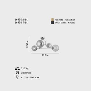 Lucea Portemo plafondlamp, rookgrijs/nikkel, 83x74 cm, 4-lamps glas