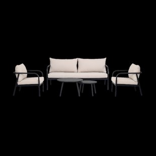 Manu tuin loungeset zwart 5delig - tweezitsbank, twee fauteuils en twee salontafels - met beige zitkussens