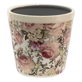 Clayre & Eef Bloempot Ø 15x14 cm Wit Roze Keramiek Rond Bloemen Clayre & Eef Bloempot Ø 15x14 cm Wit Roze Keramiek Rond Bloemen