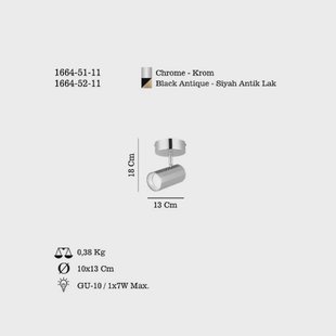 Lucea Oktano plafondspot, chroomkleurig, lengte 13 cm, metaal