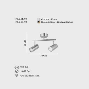 Lucea Oktano plafondspot, chroomkleurig Lengte 30 cm 2-lamps metaal