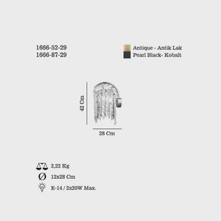 Lucea Wandlamp Druif, messing antiek Hoogte 42 cm metaal/glas 2-lamps.